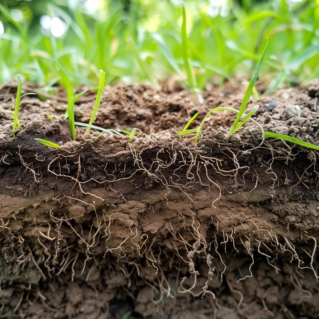 Clay-heavy soil with grass roots illustrating lawn care challenges in Detroit