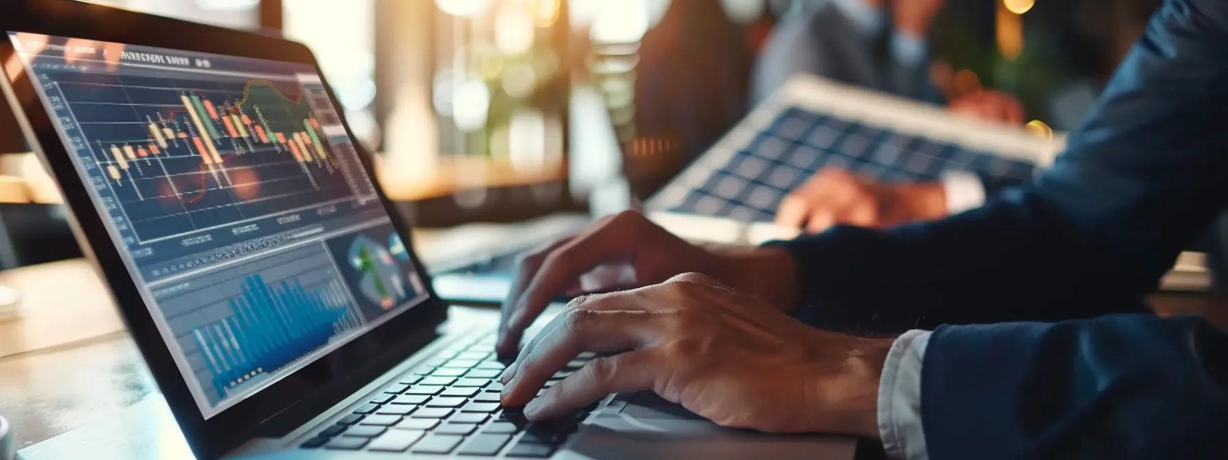 A professional analyzing solar sales metrics on a laptop, with a solar panel installation visible in the background.