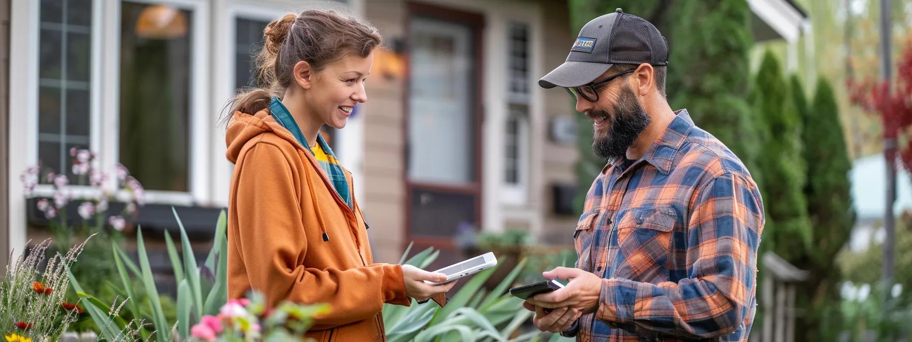 A professional discussing solar solutions with a homeowner, a tablet displaying lead generation tools nearby.