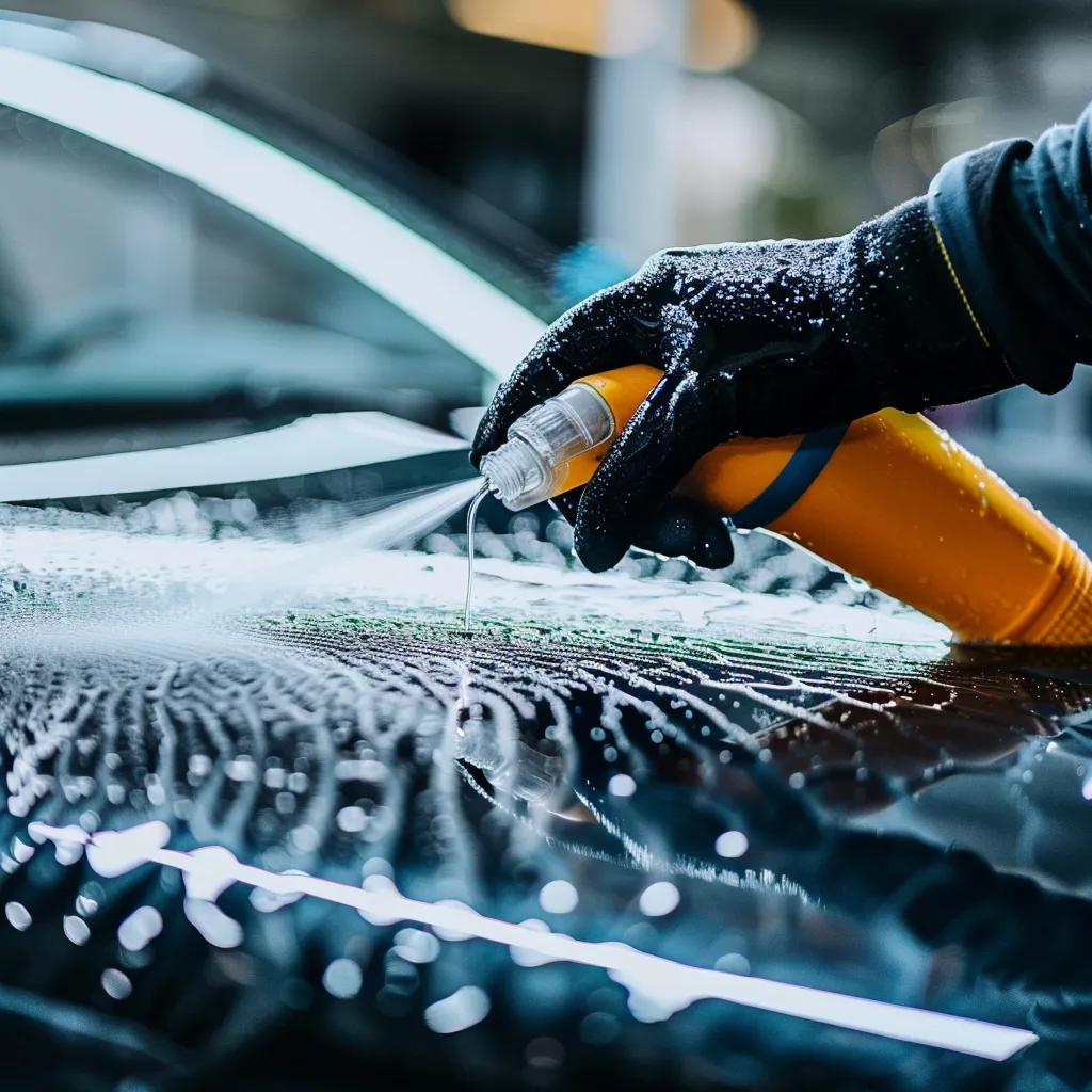 Person using vinegar solution to remove water spots from car paint, illustrating DIY cleaning methods