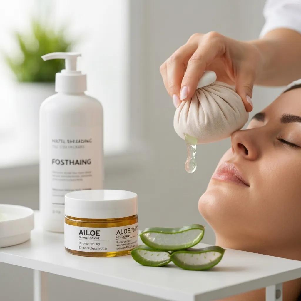 Soothing aftercare for sensitive skin with aloe vera gel and a cold compress applied to a client's face