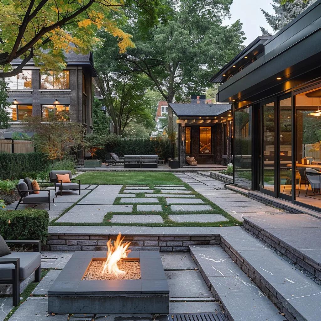 Stylish outdoor living space in a Detroit yard with modern patio and fire pit