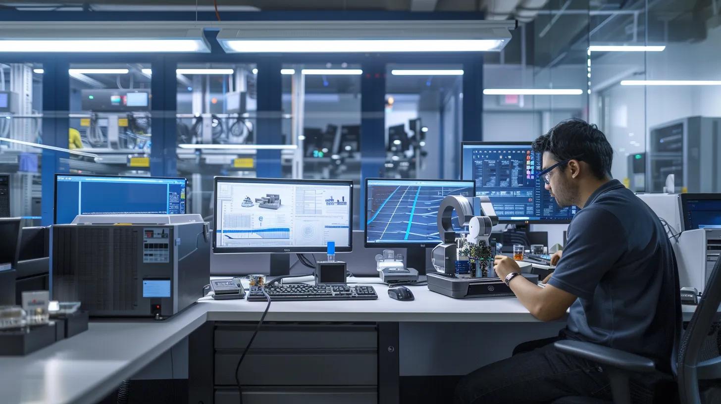 a modern, well-lit office space showcases a quality control technician meticulously examining a series of high-precision 3d-printed parts on a sleek workstation, with digital inspection screens displaying real-time data and compliance certifications prominently in the background.