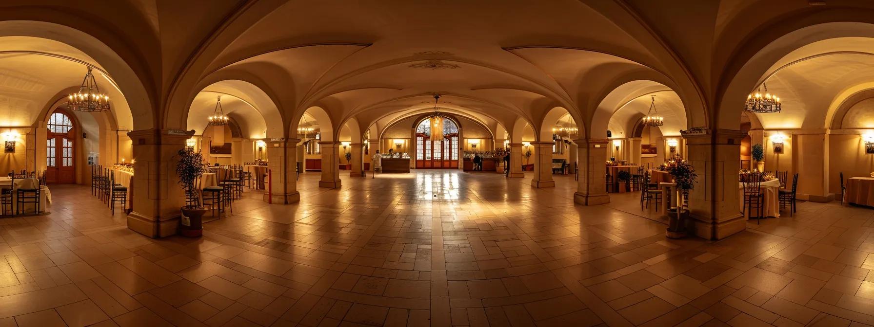 une salle des fêtes spacieuse et élégamment décorée, prête à accueillir un mariage somptueux, avec un éclairage d'ambiance chaleureux et une disposition soigneusement organisée pour les invités.