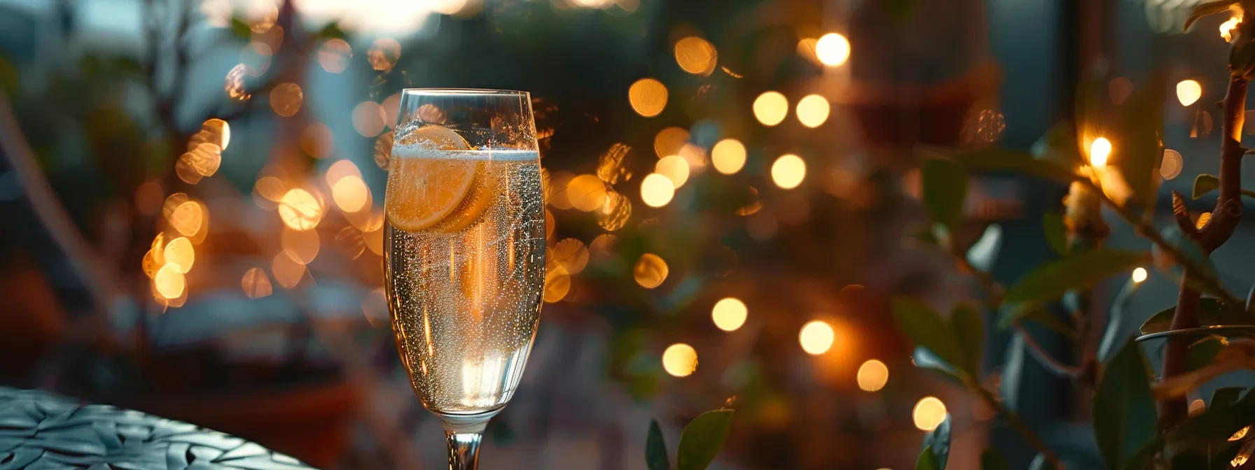 A clear glass of sparkling citrus drink on a cozy evening patio, surrounded by soft string lights and greenery, conveying calm and gentle relief