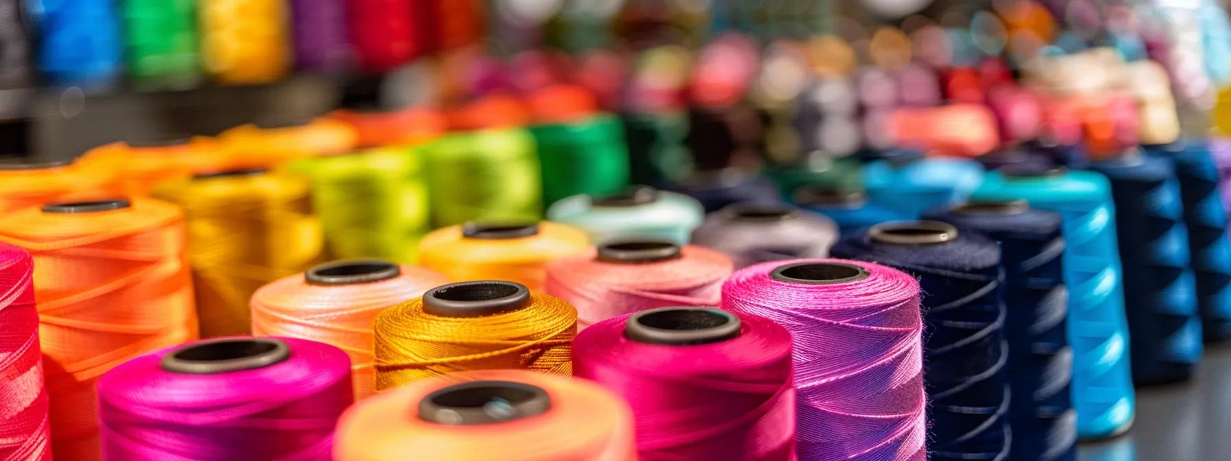 a close-up view of colorful spools of mettler polyester thread arranged neatly on a sleek, modern workspace, highlighting their texture and vibrant hues under bright, focused studio lighting.