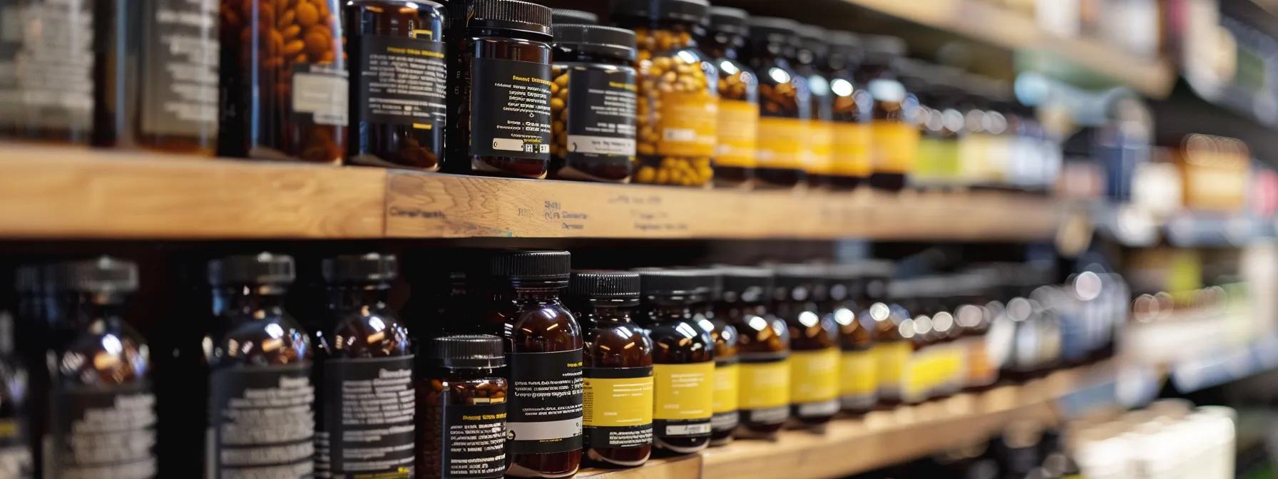Stack of fitness supplements on shelf