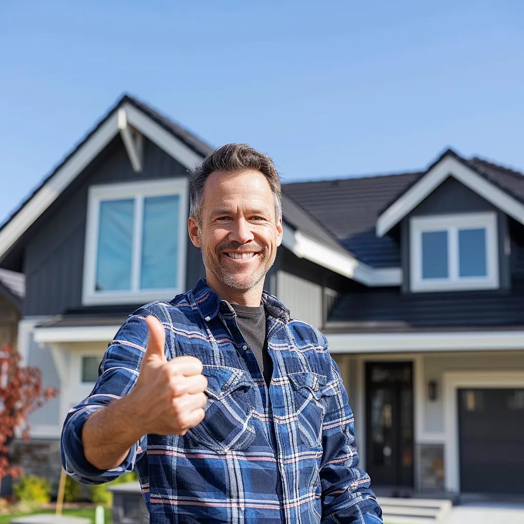 Satisfied homeowner in front of a newly installed roof expressing happiness Satisfied homeowner in front of a newly installed roof expressing happiness