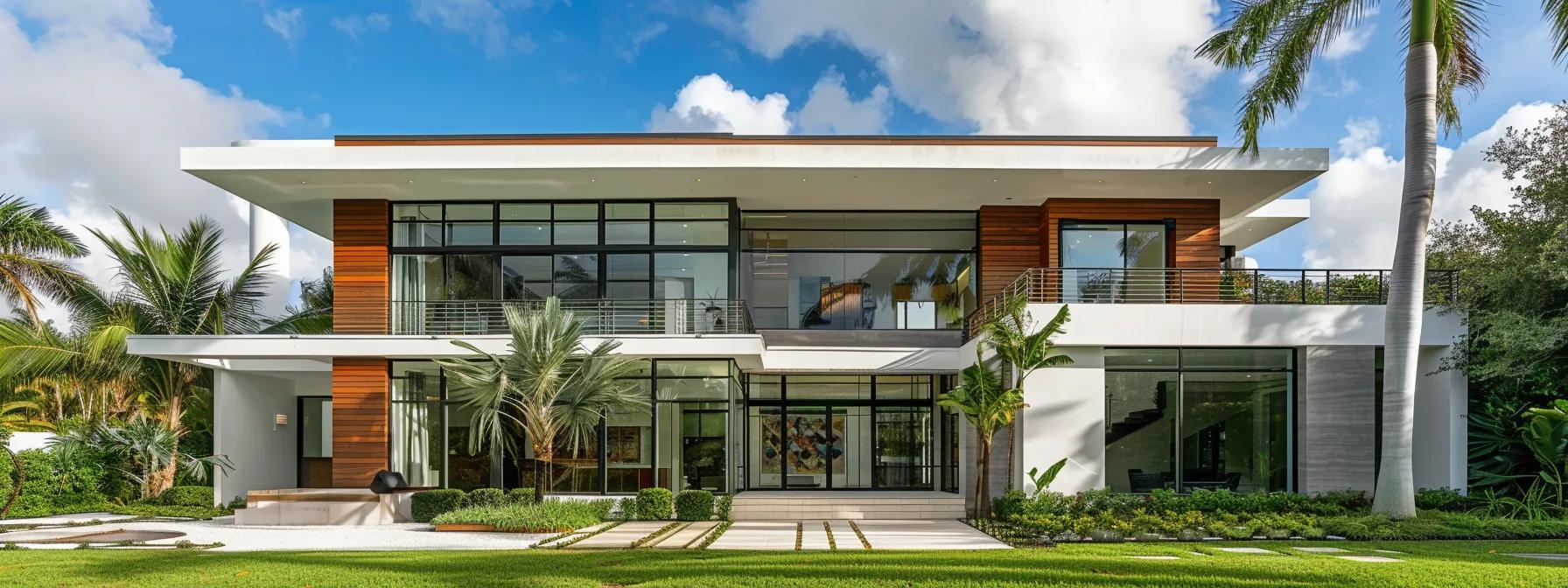 a modern miami home stands proudly, showcasing sleek premium impact windows that reflect the vibrant urban skyline.