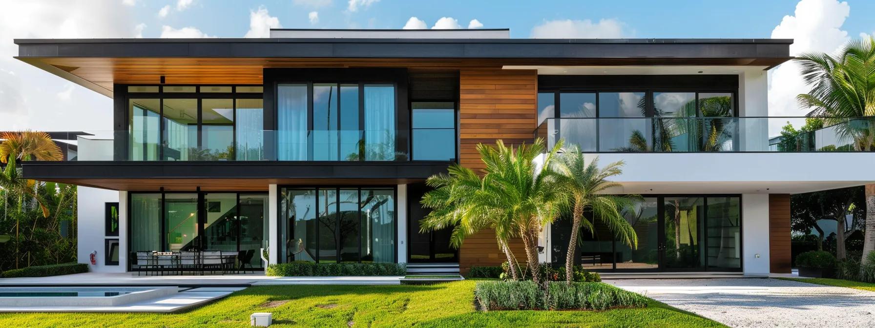 a modern miami home stands proudly, showcasing sleek premium impact windows that reflect the vibrant urban skyline.