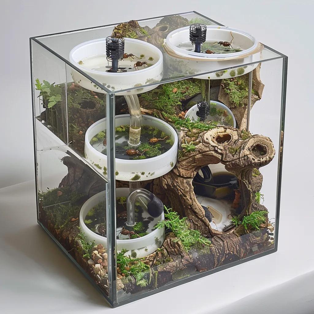 Functional ant feeding station and water dispenser setup in an ant cube