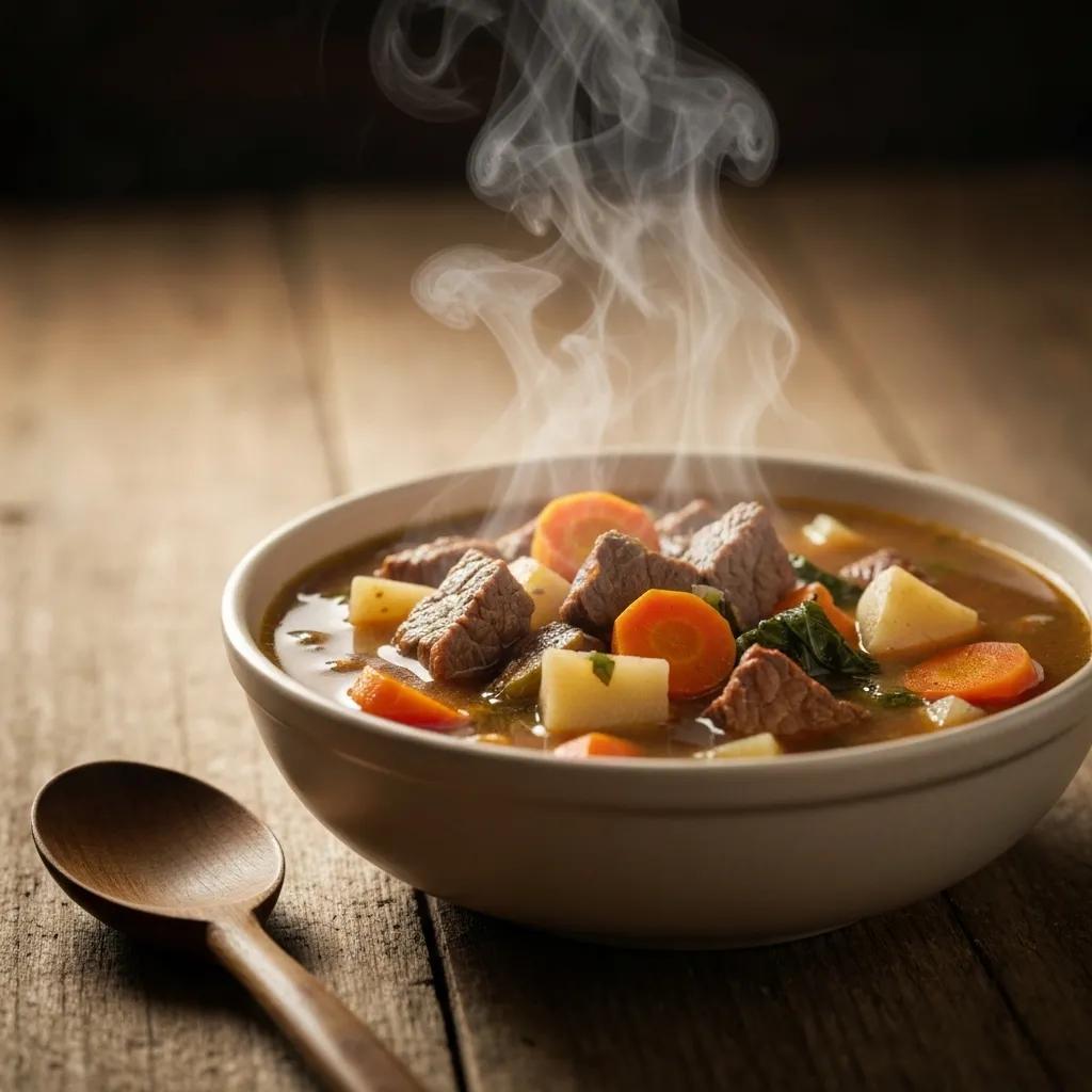 Steaming bowl of classic beef stew with tender meat and vegetables, evoking comfort food