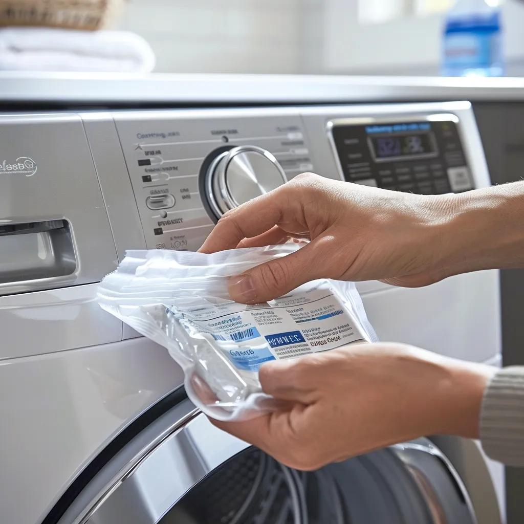 Step-by-step process of using laundry sheets in a bright and clean laundry setting