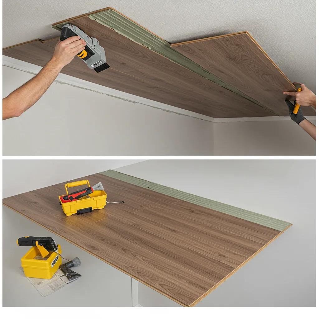 Visual guide demonstrating the step-by-step process of installing flooring on a ceiling, including necessary tools