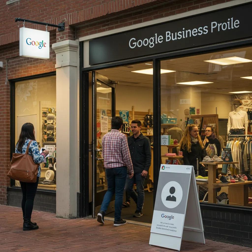Storefront displaying a Google Business Profile sign with customers interacting outside