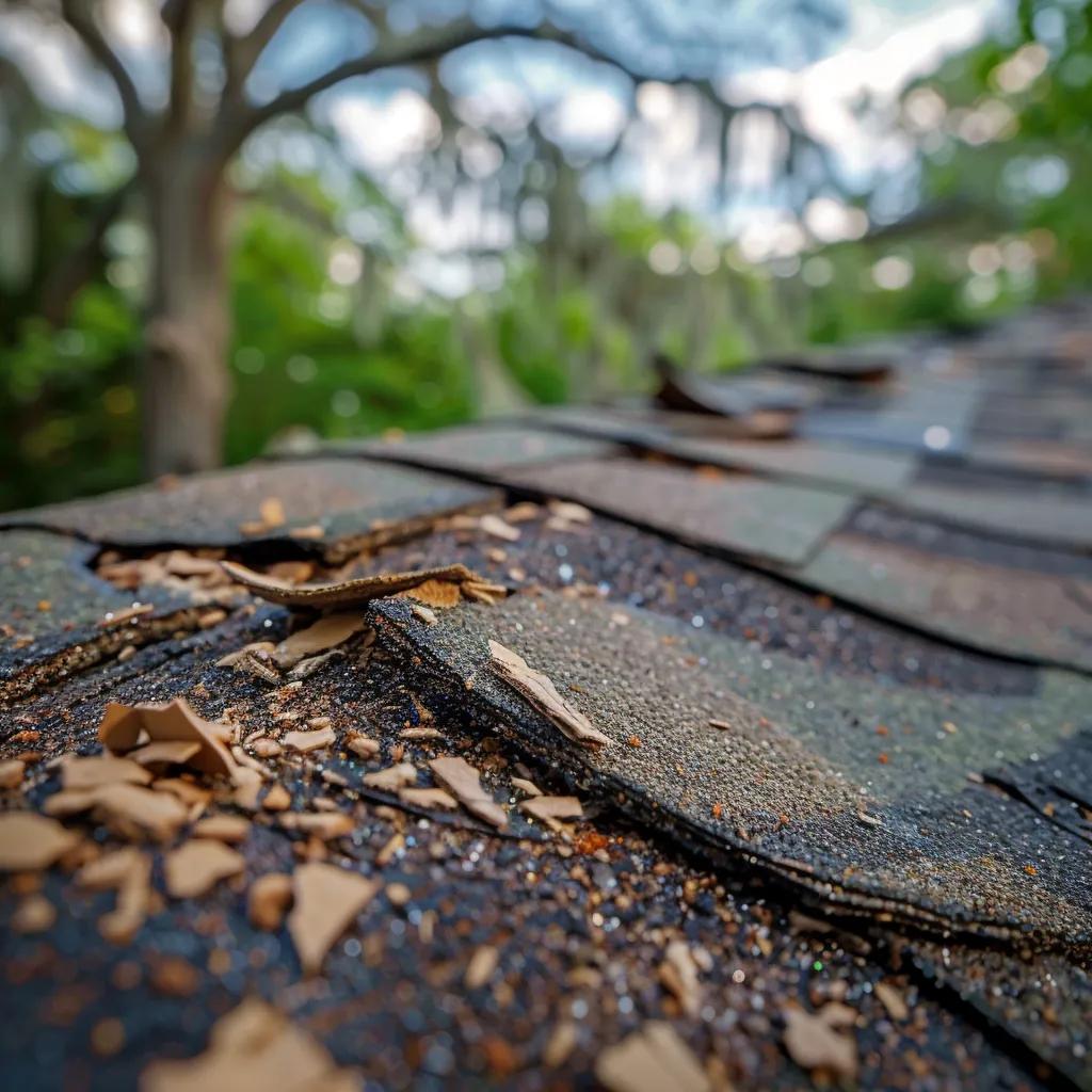 comprehensive roof repair services in houston tx 1 Close-up of storm damage on a roof in Houston, highlighting hail impacts and wind damage