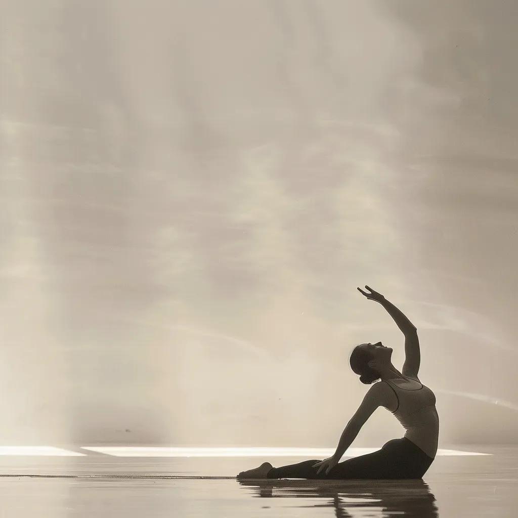 Person performing a Pilates stretch to enhance flexibility in a serene environment, showcasing fluid movement