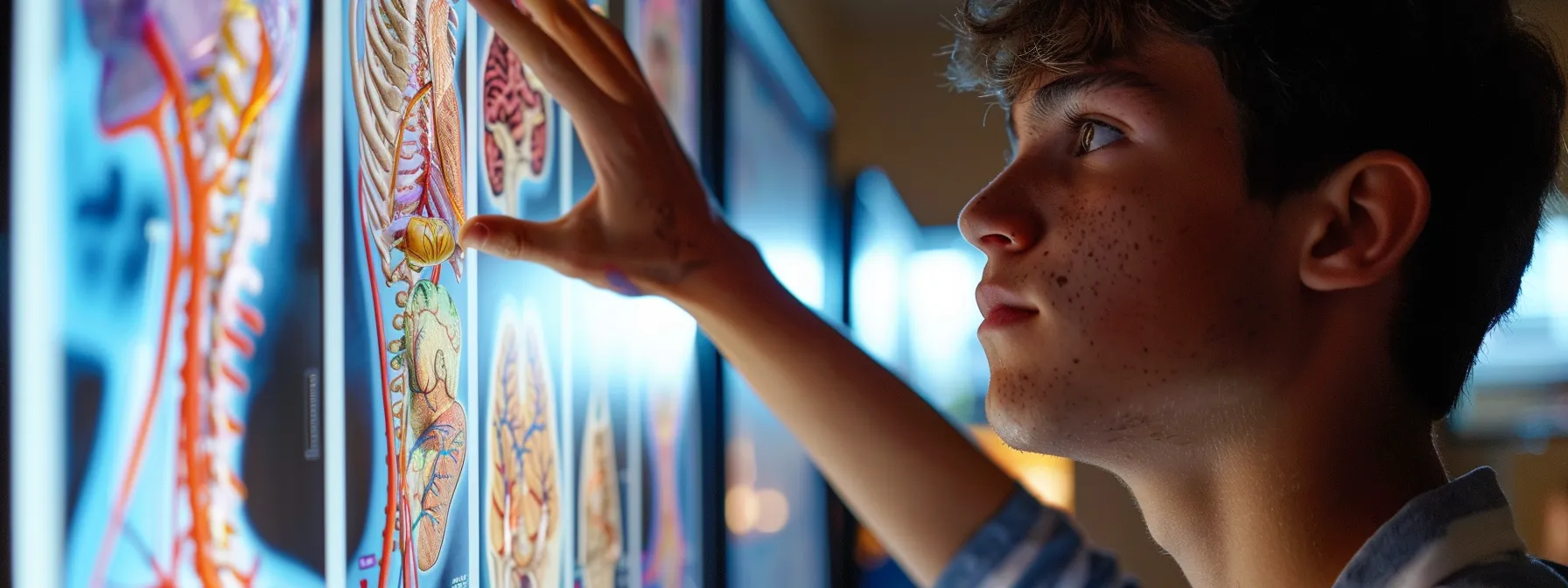 ein schüler betrachtet fasziniert ein detailliertes anatomie-poster, das seine motivation und engagement im unterricht steigert.