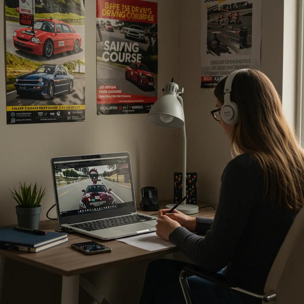 A student actively participating in an online NY 5-Hour Pre-Licensing Course session via Zoom.