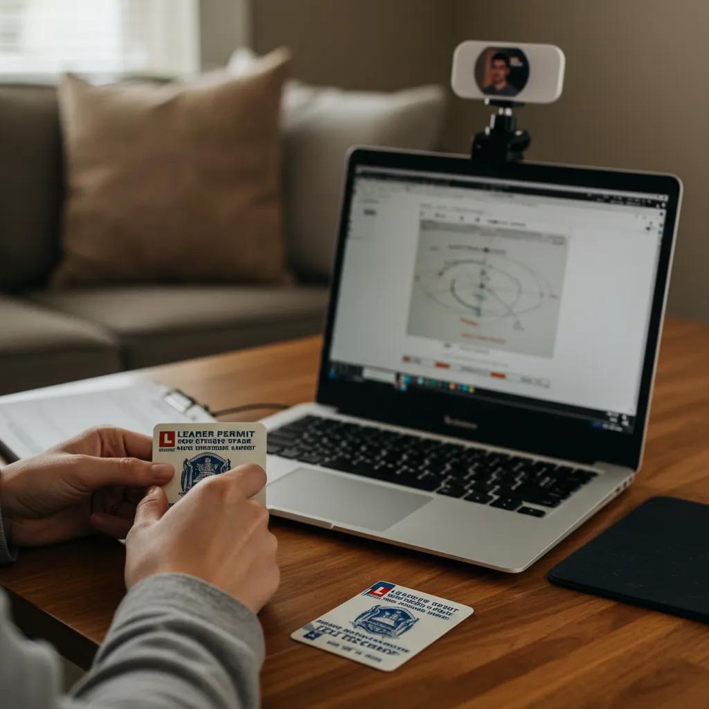 Student preparing for an online driving course with a laptop and learner permit