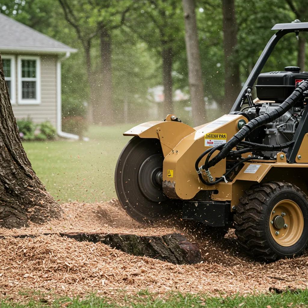 Stump grinding machine removing tree stump in residential yard
