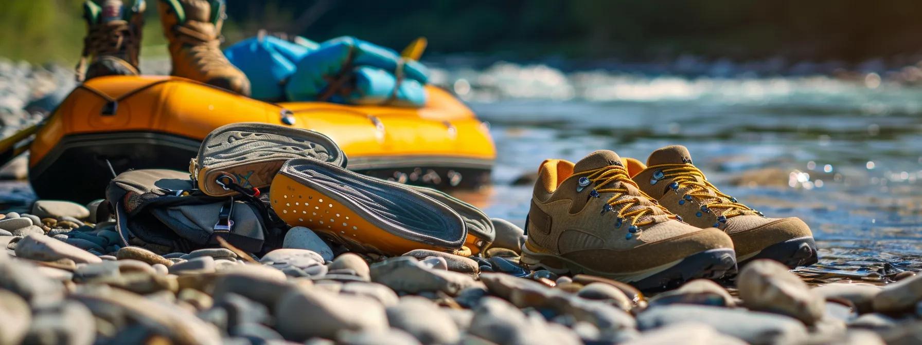 a pair of sturdy, snug-fitting water shoes laid out next to rafting gear on a rocky riverbank under the bright sun.