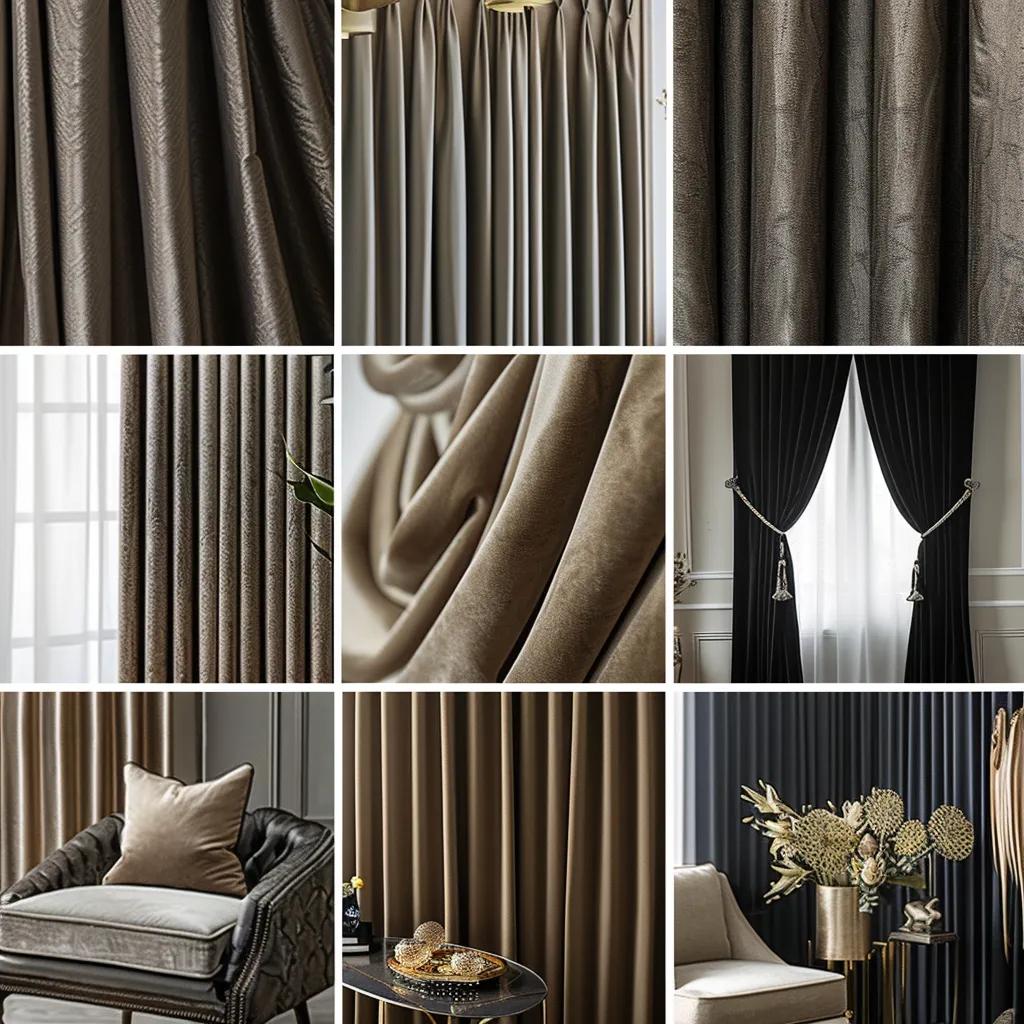 Collage of elegant blackout curtain styles in a Los Angeles home, showcasing diverse designs and textures