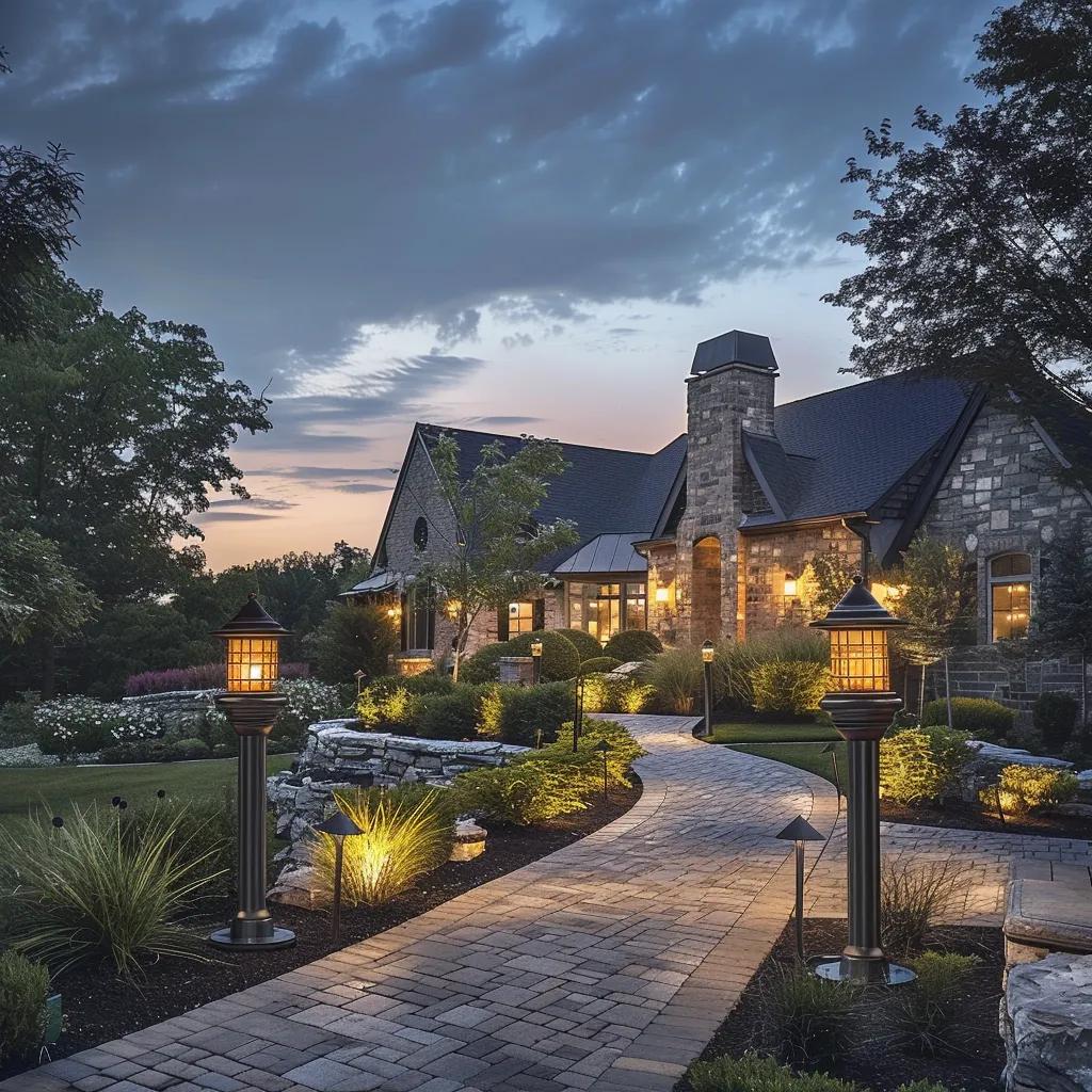 Stylish outdoor lighting fixtures enhancing home exterior appeal and safety at dusk Stylish outdoor lighting fixtures enhancing home exterior appeal and safety at dusk