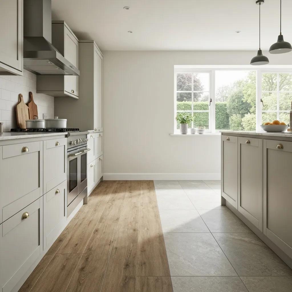 Stylish kitchen with wood-effect LVT and stone-look porcelain tiles, perfect for Instagram aesthetics
