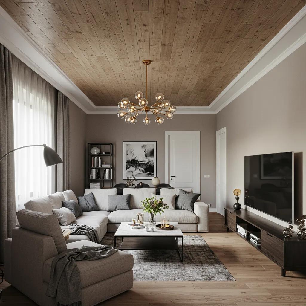 Modern living room featuring laminate flooring installed on the ceiling, creating a warm and contemporary atmosphere