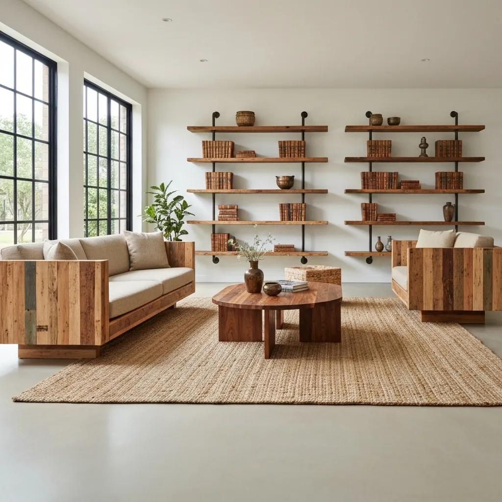 Stylish living space with recycled timber furniture, showcasing unique aesthetics and sustainable design