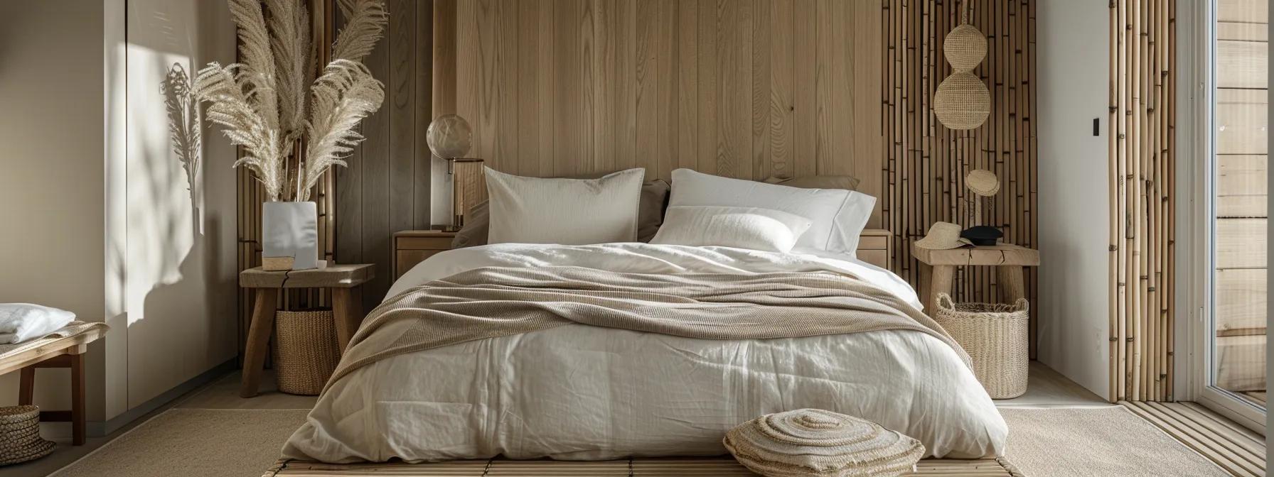 a stylishly arranged bedroom features a luxurious bamboo quilt cover in soft earthy tones, surrounded by minimalist décor and subtle textures that embody a sustainable lifestyle and promote relaxation. a stylishly arranged bedroom features a luxurious bamboo quilt cover in soft earthy tones, surrounded by minimalist décor and subtle textures that embody a sustainable lifestyle and promote relaxation.
