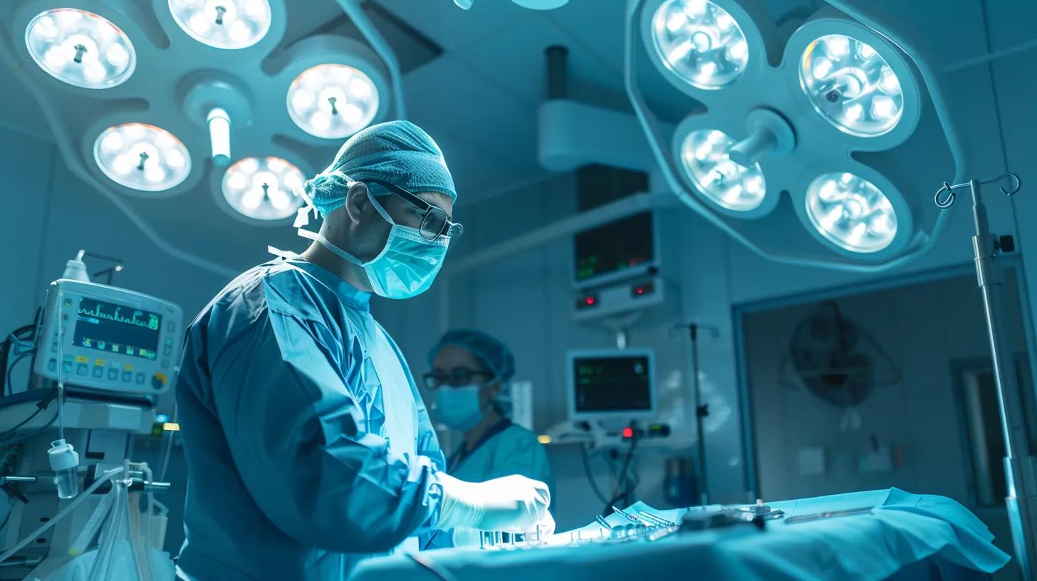 a modern surgical room showcases a surgeon meticulously examining a precise 3d-printed orthopedic implant, illuminated by bright overhead lights that highlight the advanced technology and its transformative potential in patient care.