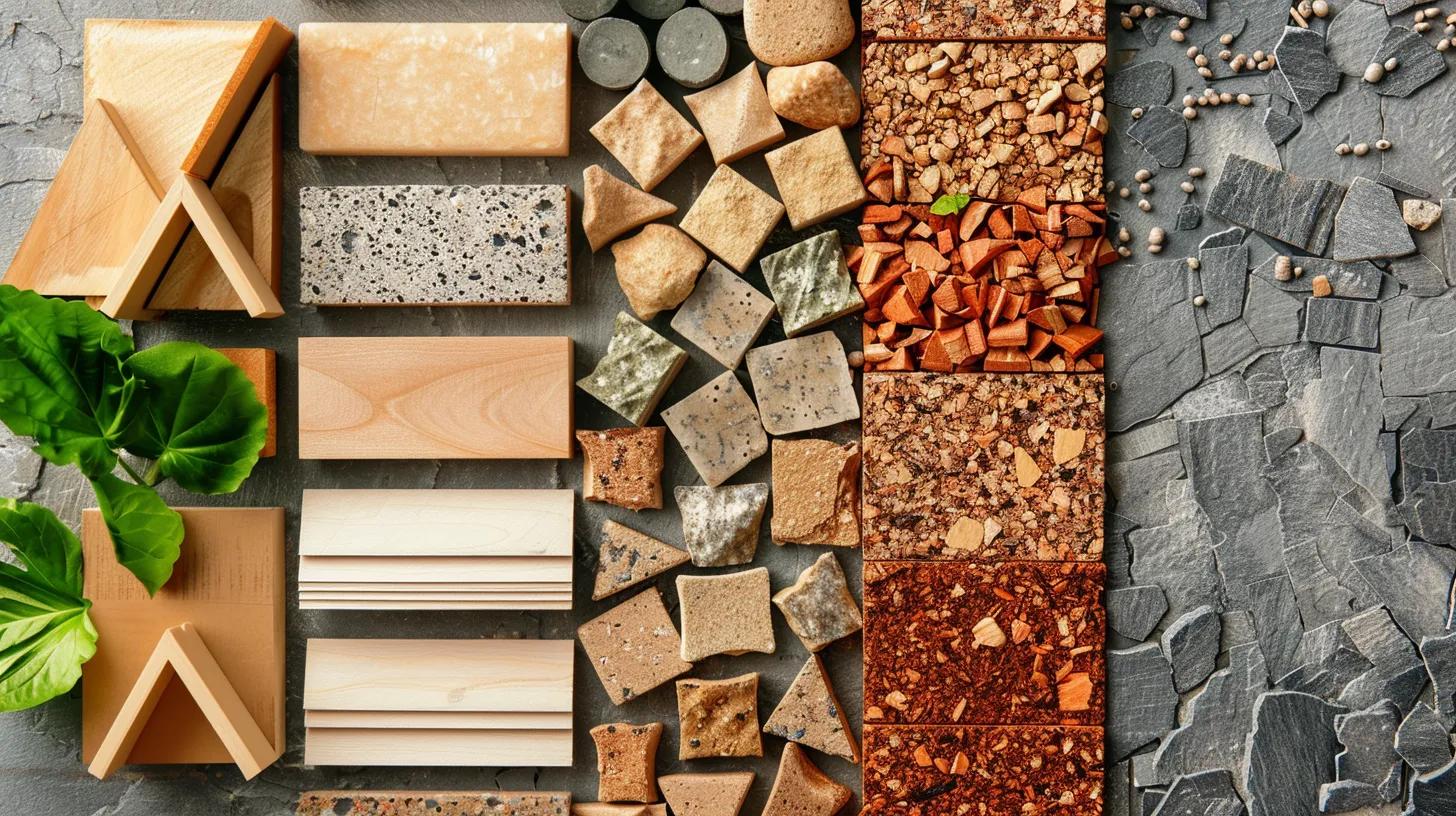Variety of sustainable building materials including engineered hardwood, laminate, stones, and eco-friendly aggregates, arranged on a textured surface, showcasing options for custom homes in Fargo.