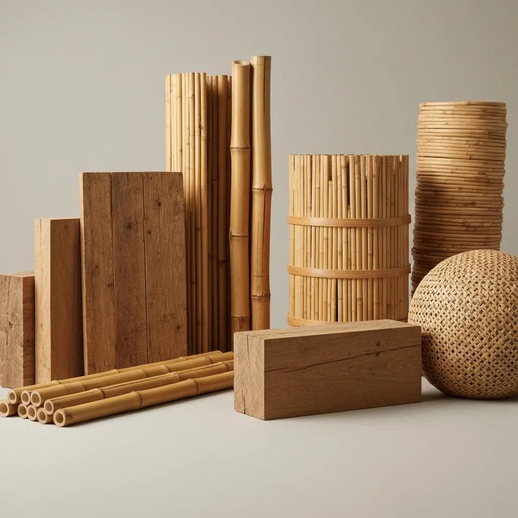 Sustainable furniture materials including reclaimed oak, bamboo, and rattan displayed artistically