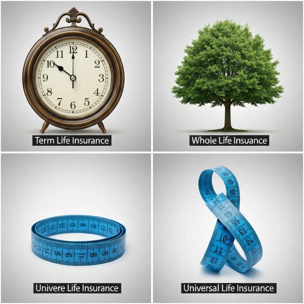 Symbolic representation of term, whole, and universal life insurance types with a clock, tree, and measuring tape
