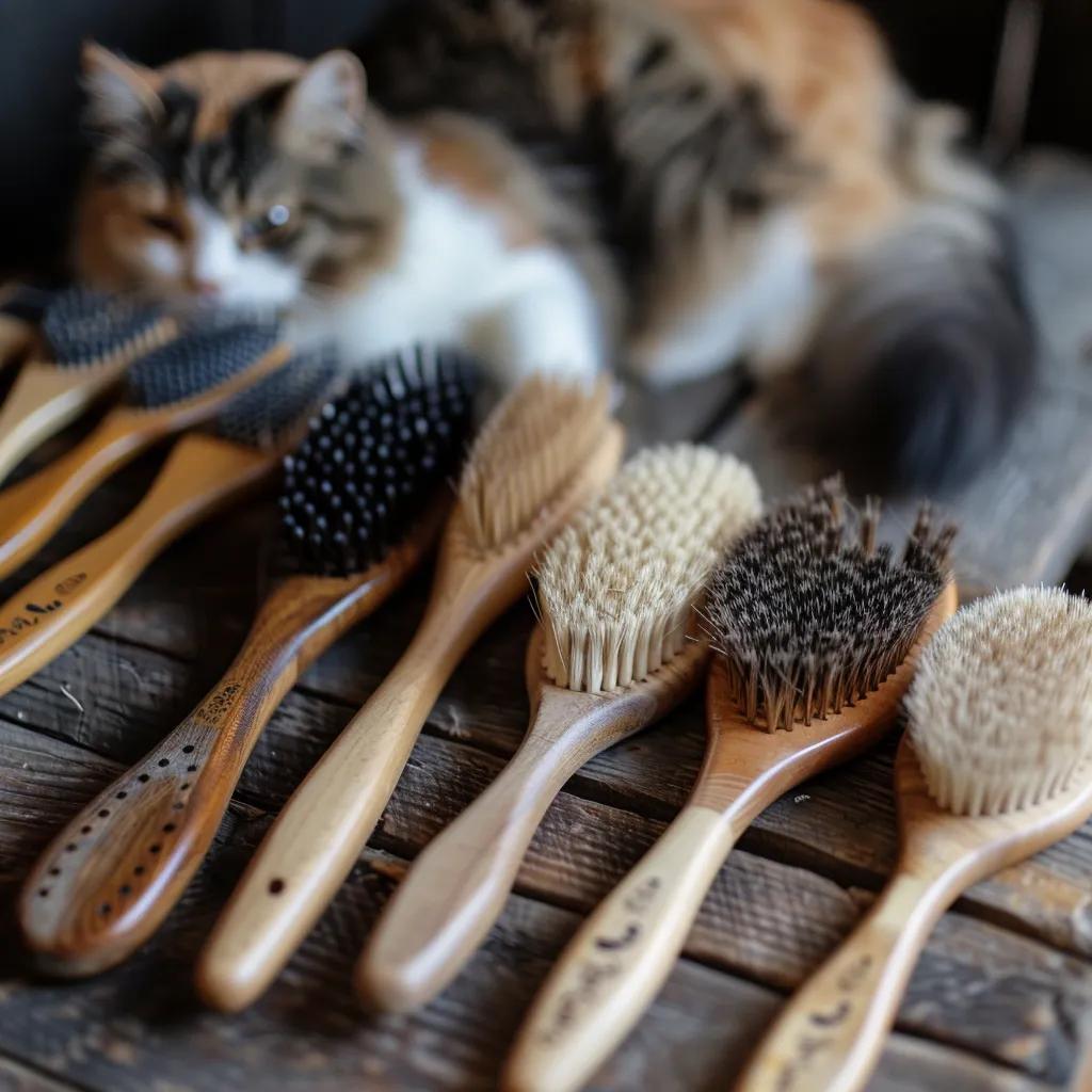 Variety of cat brushes for different coat types on a wooden table