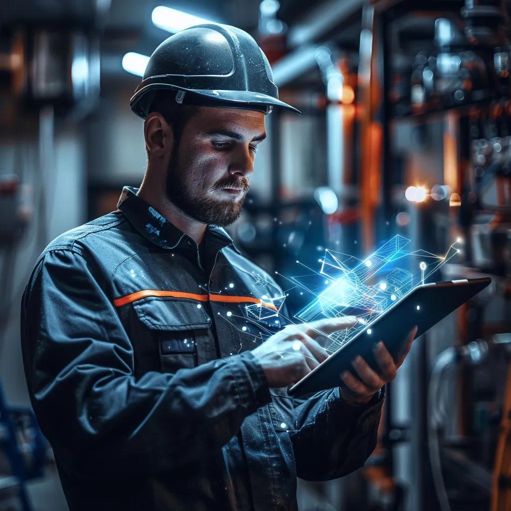 Contractor using a tablet for AI customer service automation in a home service setting