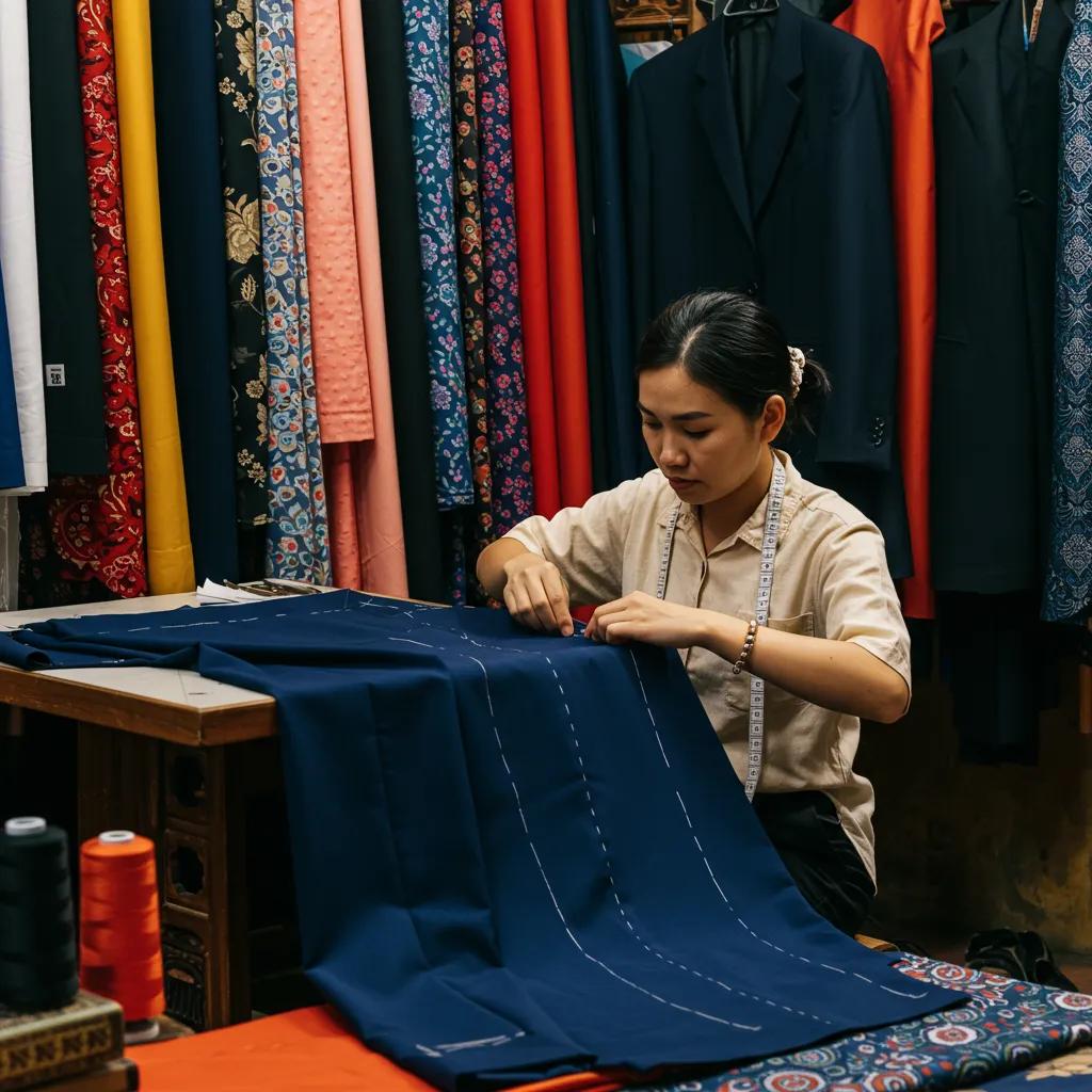 Tailor in Hoi An crafting a custom suit with colorful fabrics and sewing tools Tailor in Hoi An crafting a custom suit with colorful fabrics and sewing tools