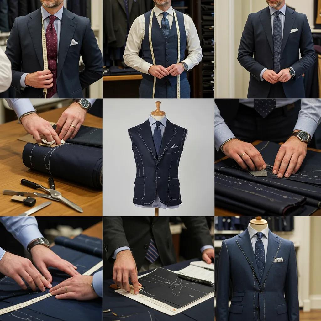 Tailoring process at Be Li Tailor, showcasing fabric selection and client interaction