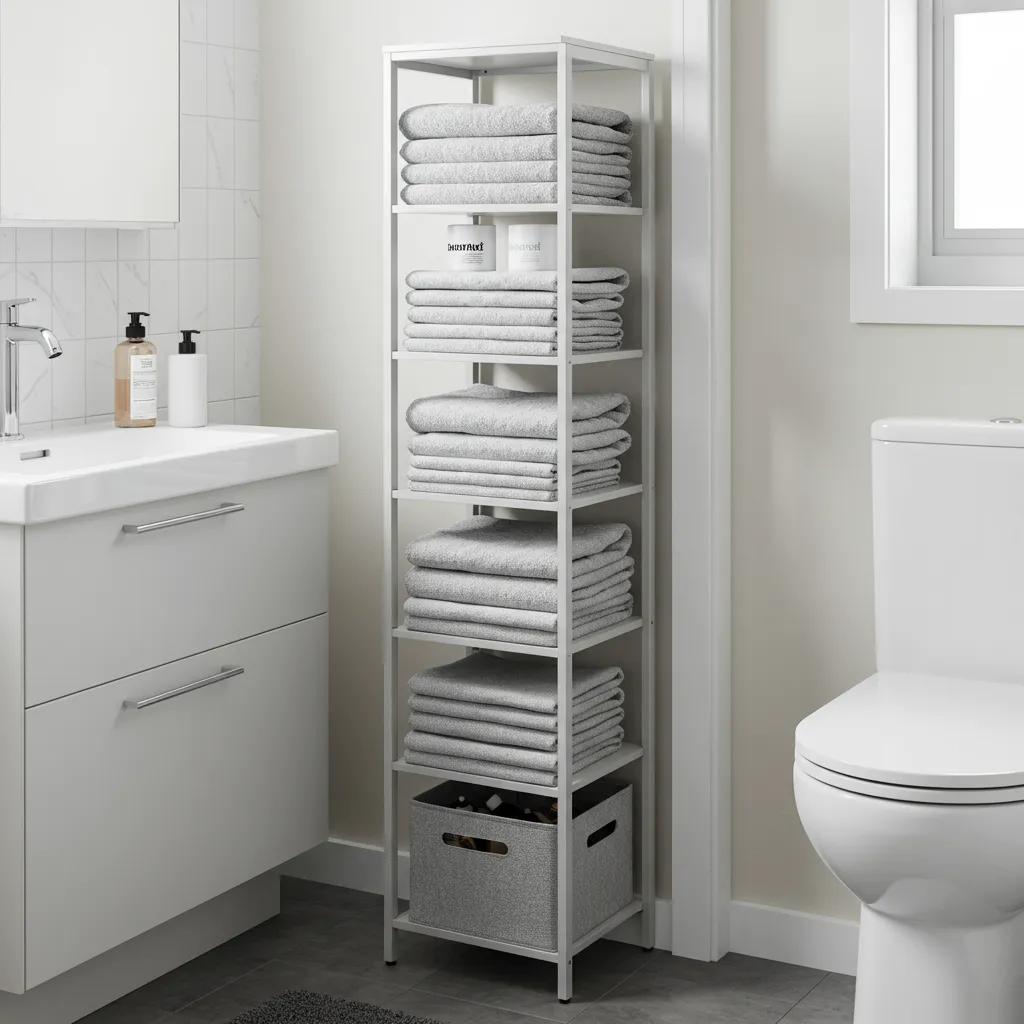 Tall, slim linen tower in a small bathroom showcasing effective vertical storage Tall, slim linen tower in a small bathroom showcasing effective vertical storage