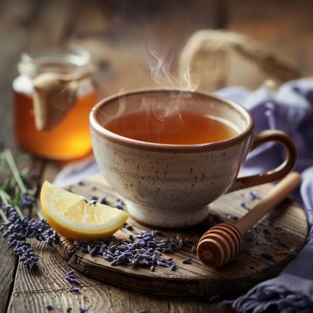A steaming cup of lavender tea with dried lavender buds, lemon slice, and honey jar, evoking tranquility
