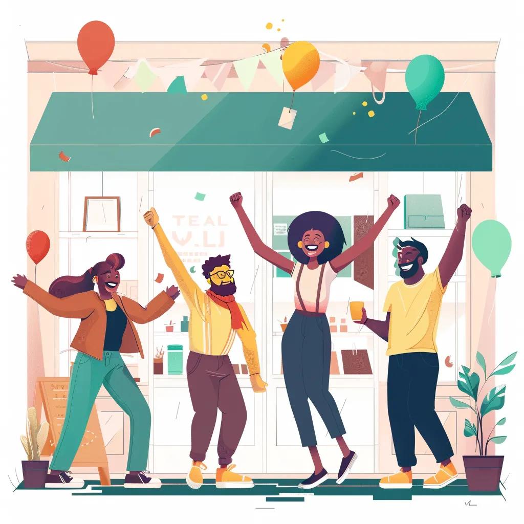 Small business team celebrating success in front of their storefront, representing local SEO achievements