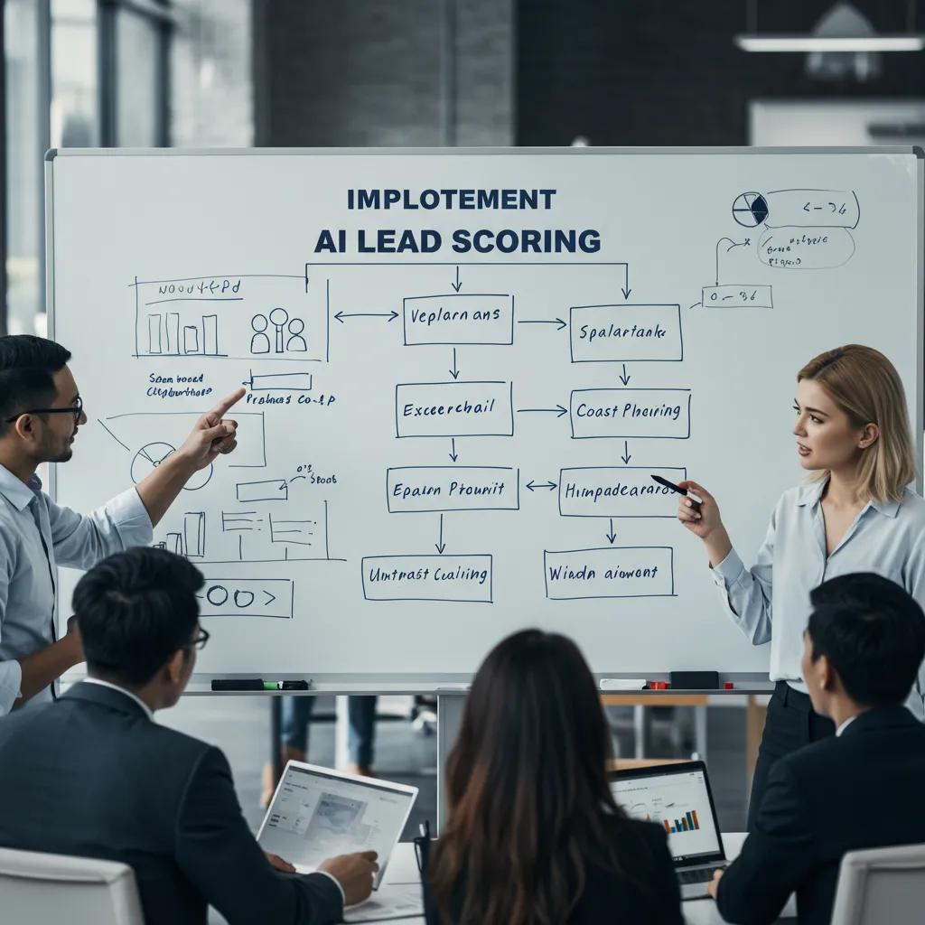 Team implementing AI lead scoring process in a modern office Team implementing AI lead scoring process in a modern office