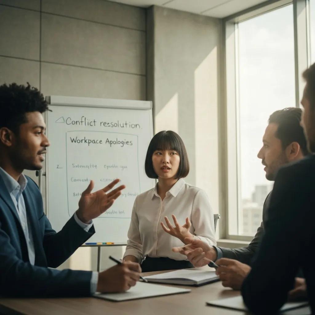 Colleagues collaborating in a professional environment to discuss strategies for workplace apologies and conflict resolution