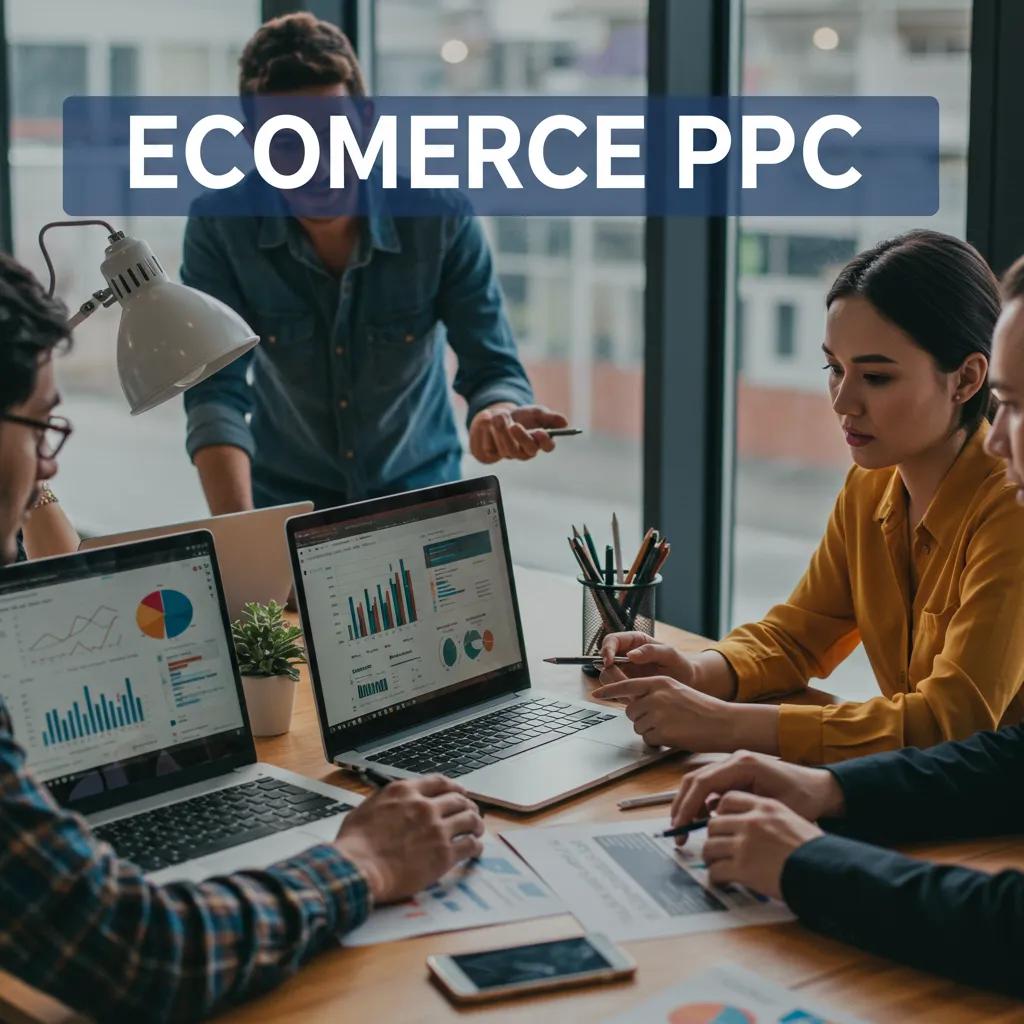 A team of ecommerce specialists collaborating on PPC strategies in a modern office environment
