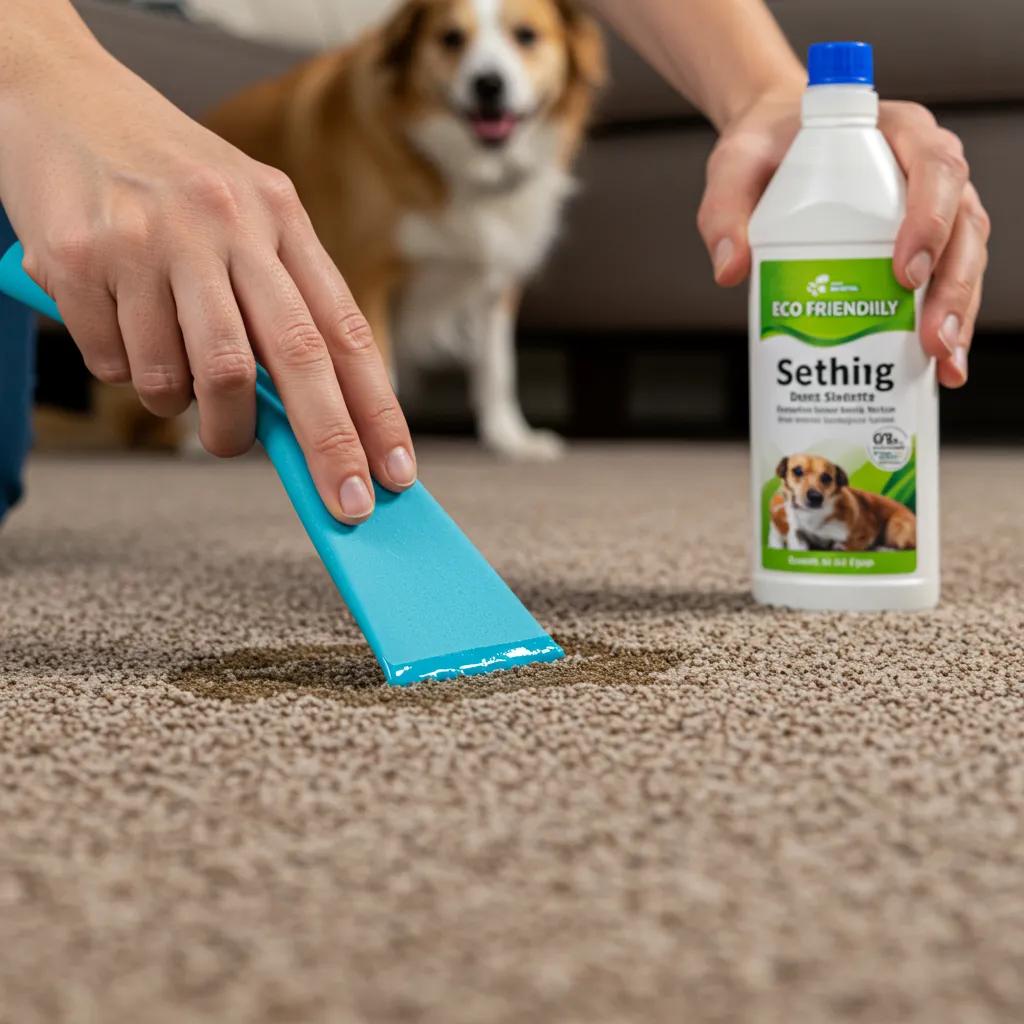 Technician applying eco-friendly solution to pet stain on carpet, illustrating effective stain removal techniques