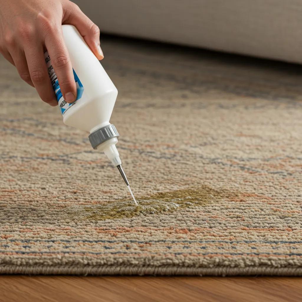 A technician applying an enzyme-based cleaner to treat pet stains on a rug