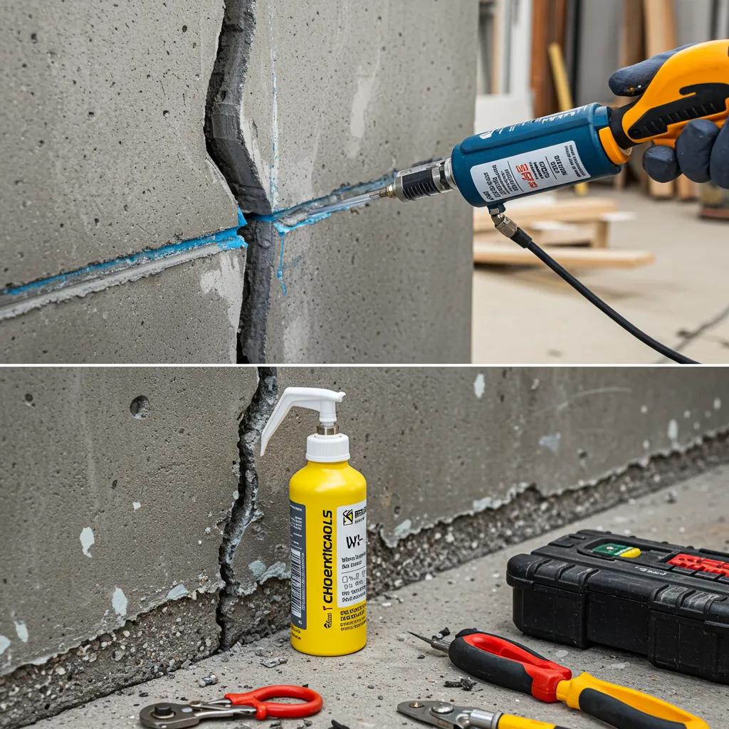 A technician injecting epoxy into a foundation crack, demonstrating effective repair techniques for foundation leaks