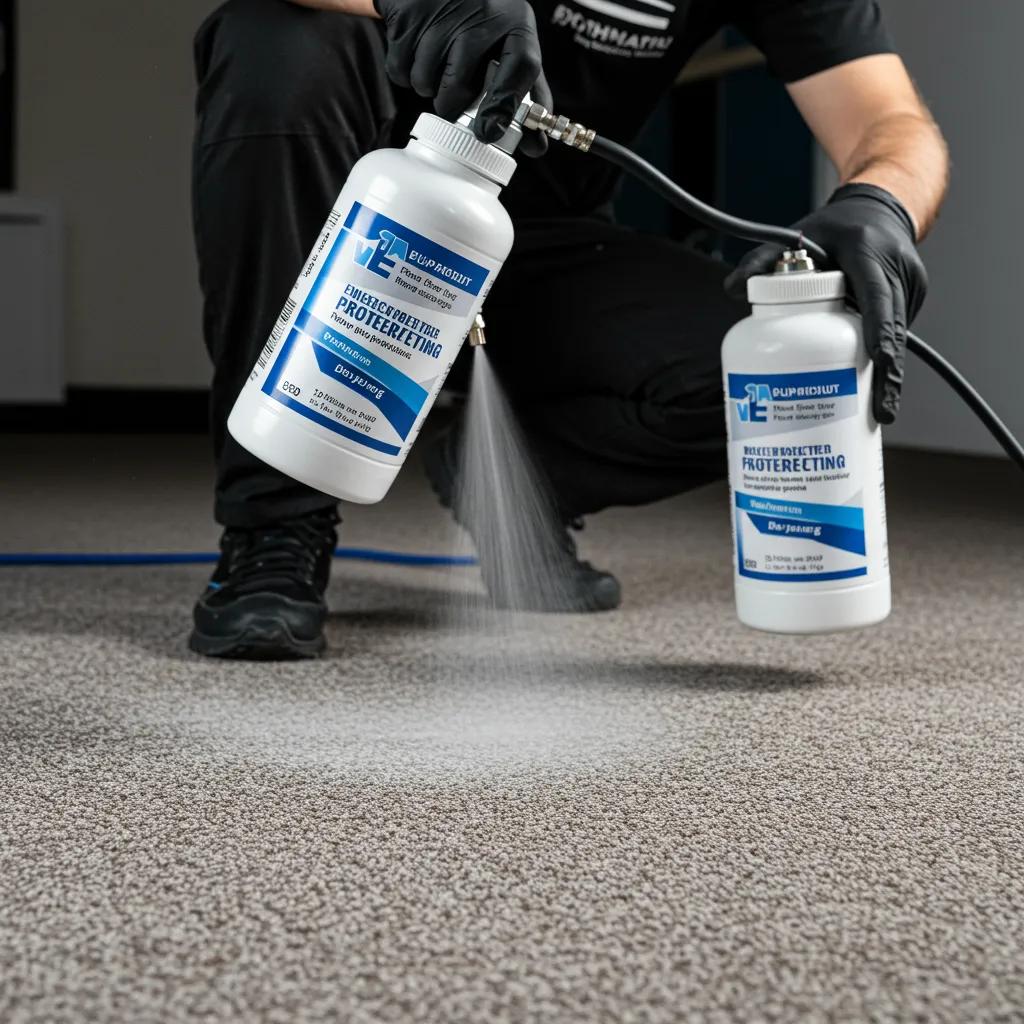 Our technician expertly applying fabric protector to a carpet for maximum stain prevention